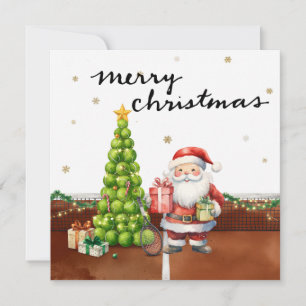 Tennis Christmas tree and Santa Claus on the court Holiday Card