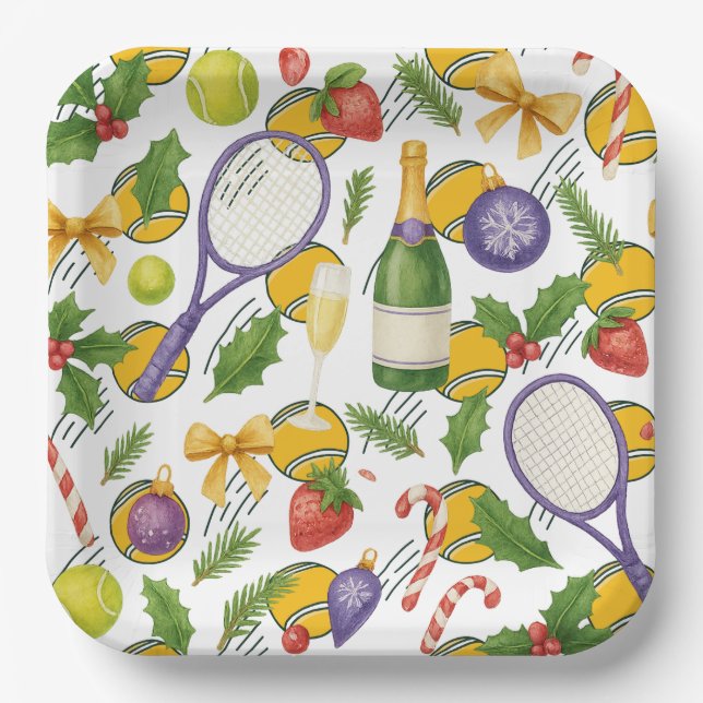 Tennis Christmas with Ball and racket  Paper Plate (Front)