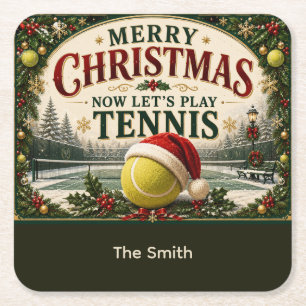 Tennis Christmas with ball Santa hat Square Paper Coaster