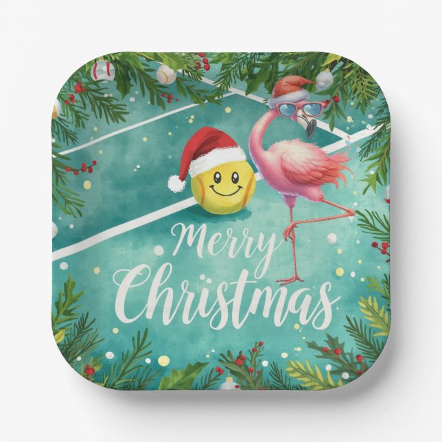 Tennis Christmas with Flamingo themed  Paper Plate (Front)