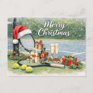 Tennis Christmas with Racket and ball on the court Holiday Postcard