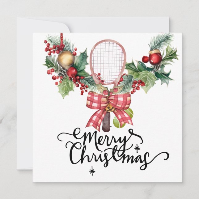 Tennis Christmas with Racket and Christmas Wreath  Holiday Card (Front)