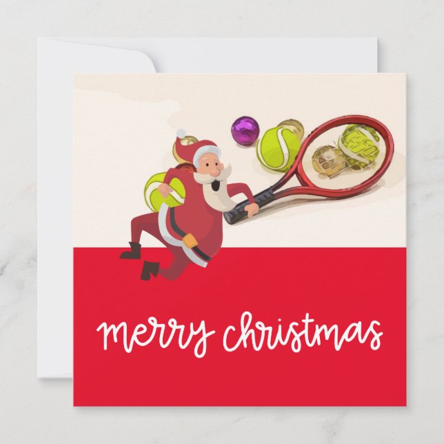 Tennis Christmas with Santa Claus Ball Racket Red Holiday Card (Front)