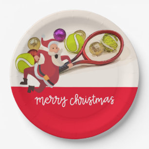 Tennis Christmas with Santa Claus Ball Racket Red Paper Plate