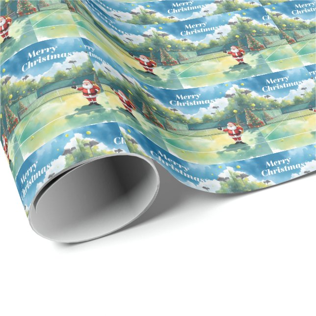 Tennis Christmas with Santa Claus serving on court Wrapping Paper (Roll Corner)