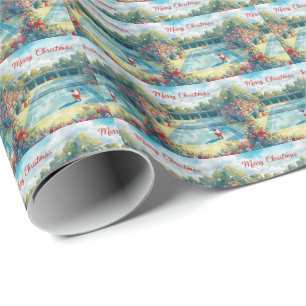 Tennis Christmas with Santa Claus serving on court Wrapping Paper