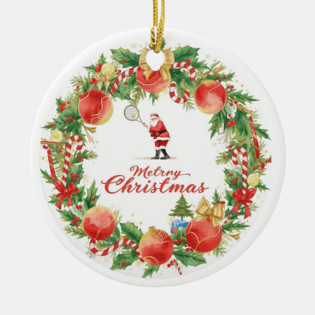 Tennis Christmas with Santa Claus with ball wreath Ceramic Ornament (Front)