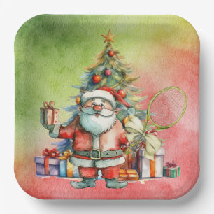 Tennis Christmas with Santa Claus with racket Paper Plate