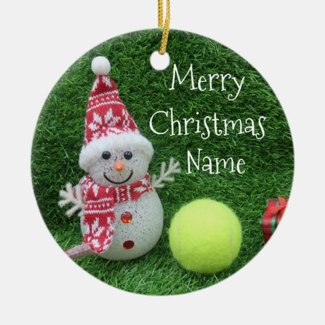 Tennis Christmas with Snowman and Santa Claus  Ceramic Ornament (Front)