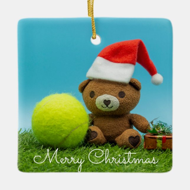 Tennis Christmas with teddy bear &  gifts ornament (Front)