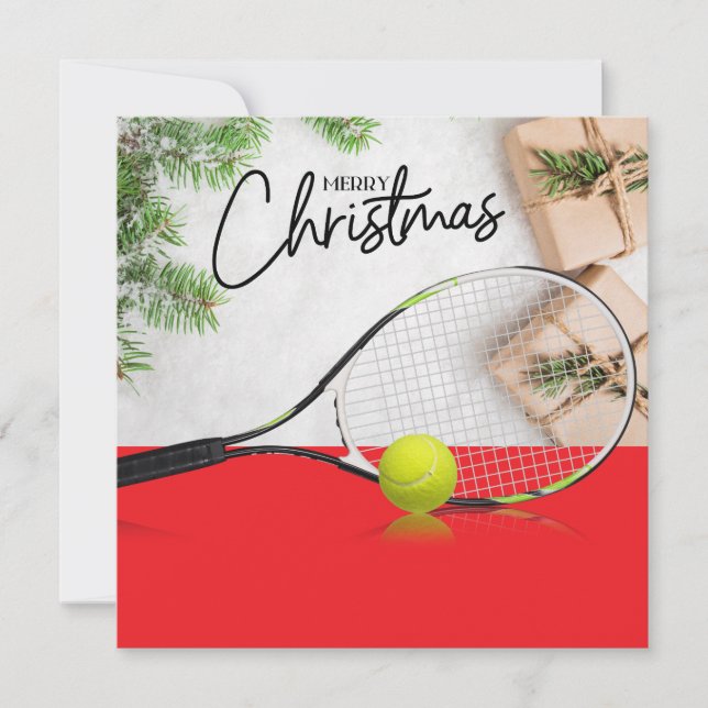 Tennis Christmas with tennis ball and racket Holiday Card (Front)