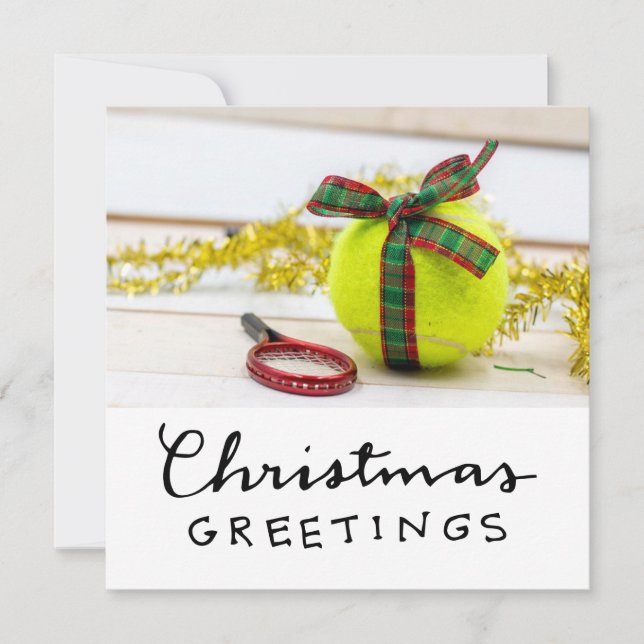 Tennis Christmas with tennis ball and racket Holiday Card (Front)