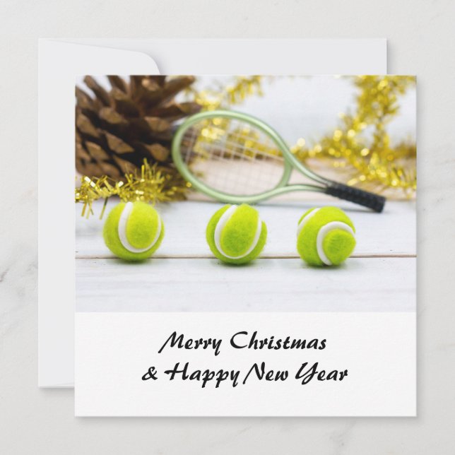 Tennis Christmas with tennis ball and racket Holiday Card (Front)