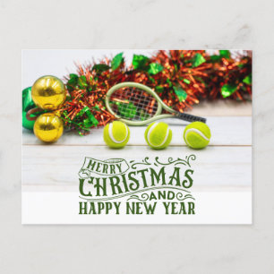 Tennis Christmas with tennis ball and racket Holiday Postcard