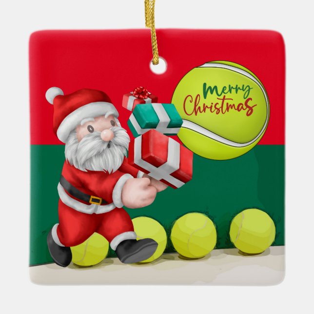 Tennis Christmas with tennis ball and Santa Claus  Ceramic Ornament (Front)