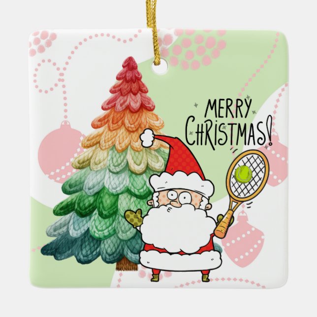 Tennis Christmas with tennis ball and Santa Claus  Ceramic Ornament (Front)