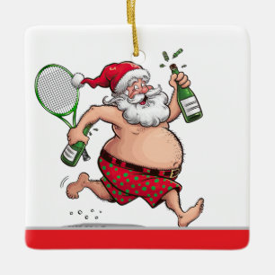 Tennis Christmas with tennis ball and Santa Claus Ceramic Ornament