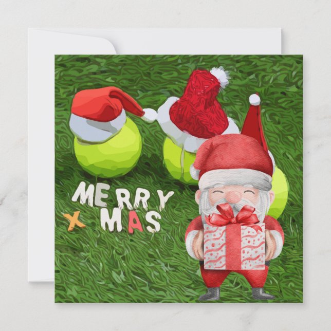 Tennis Christmas with tennis ball and Santa hat Ho Holiday Card (Front)