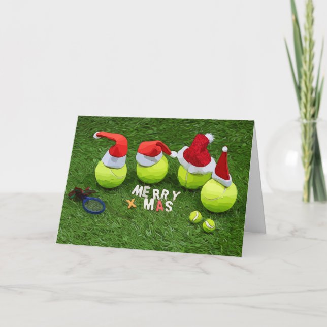 Tennis Christmas with tennis ball and Santa hat Holiday Card (Front)
