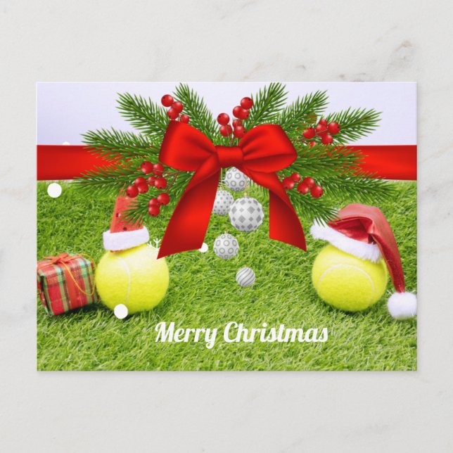 Tennis Christmas with tennis ball and Santa hat  Holiday Postcard (Front)
