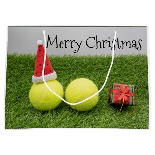 Tennis Christmas with tennis ball and Santa hat Large Gift Bag (Front)