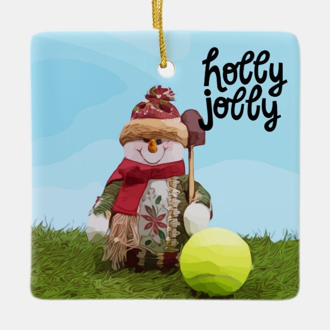 Tennis Christmas with tennis ball and Snowman  Ceramic Ornament (Front)