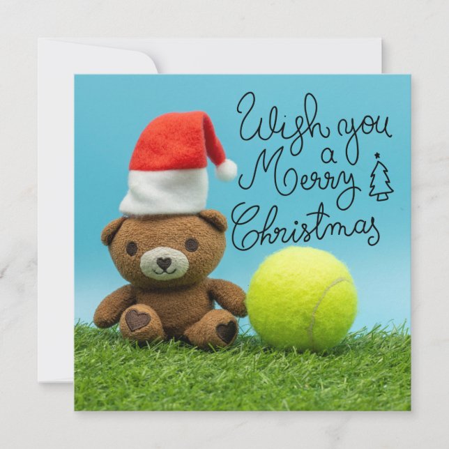 Tennis Christmas with tennis ball and Teddy Santa  Holiday Card (Front)