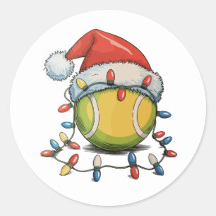 Tennis Christmas Xmas Lights Santa Hat Sports Classic Round Sticker