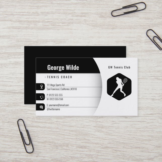 Tennis Coach | Female Tennis Player Black White Business Card (Front/Back In Situ)