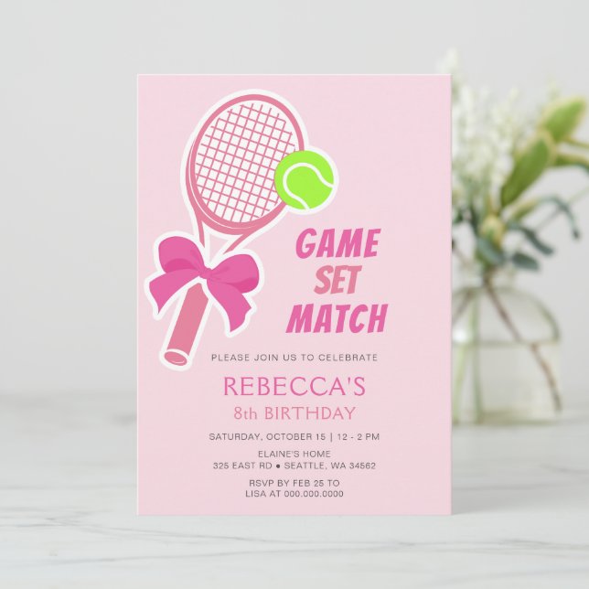 Tennis Coquette Pink Bow Girl Birthday Invitation (Standing Front)