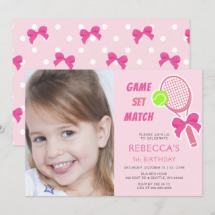 Tennis Coquette Pink Bow Photo Girl Birthday Invitation