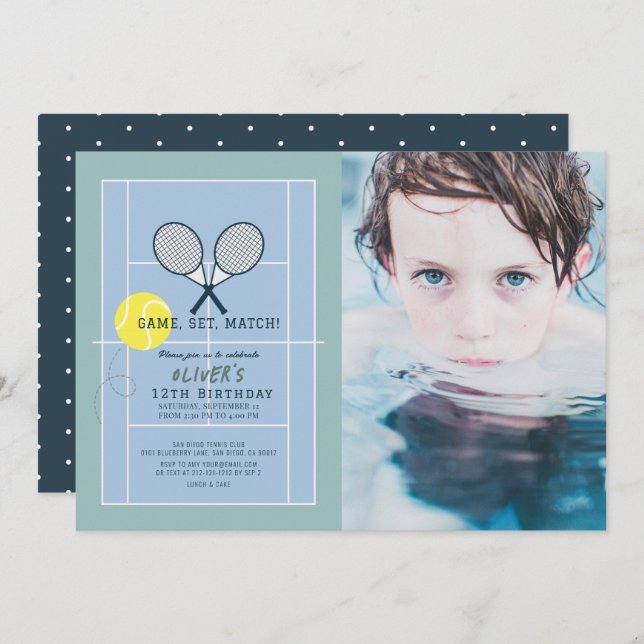 Tennis Court Racquet Blue Boy Photo Birthday Invitation (Front/Back)