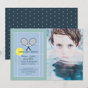Tennis Court Racquet Blue Boy Photo Birthday Invitation