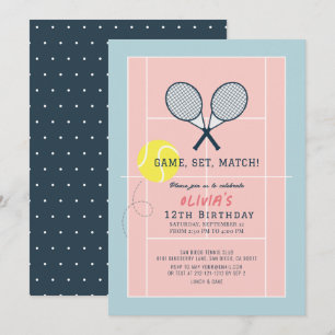 Tennis Court Racquet Pink Girl Birthday Invitation