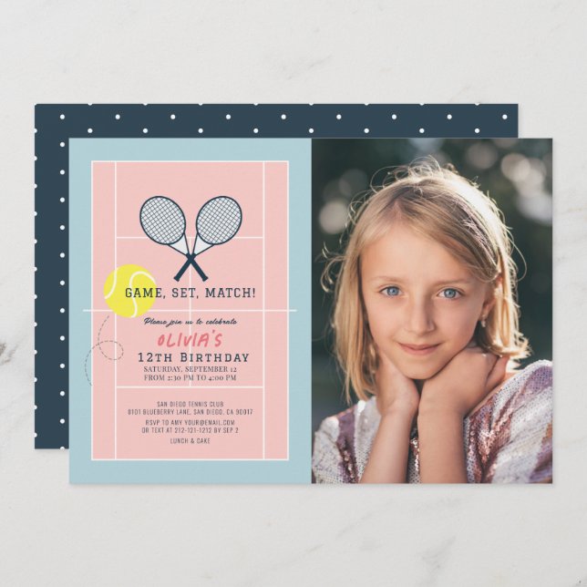 Tennis Court Racquet Pink Girl Photo Birthday Invitation (Front/Back)