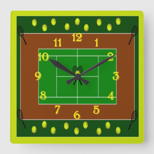 Tennis Court & Tennis Racquets Square Wall Clock (Front)