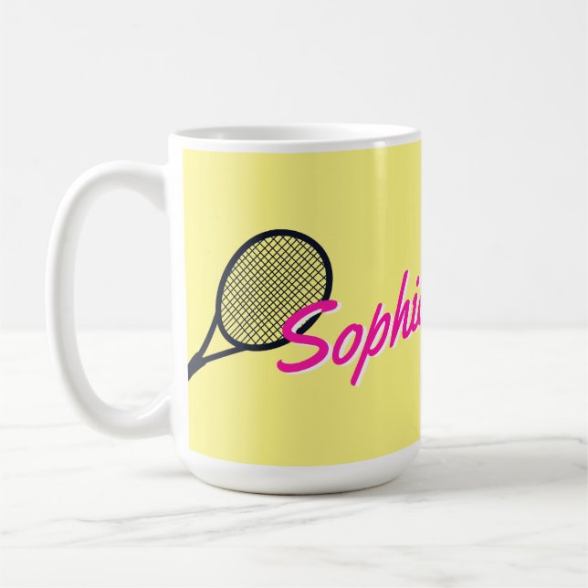 Tennis Custom Name Hot Pink Yellow Black Coffee Mug (Left)