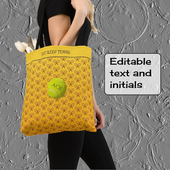 Tennis custom text patterned orange yellow tote bag (Pattern print on both sides; text on the front)