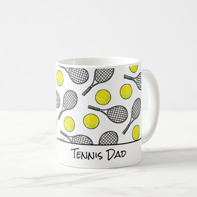 Tennis Dad Mum Balls Racquets Yellow White Black Coffee Mug (Front Right)