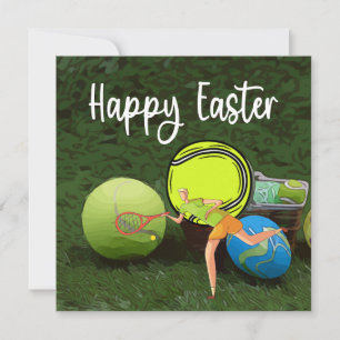 Tennis  Easter with ball and eggs on green Holiday Card