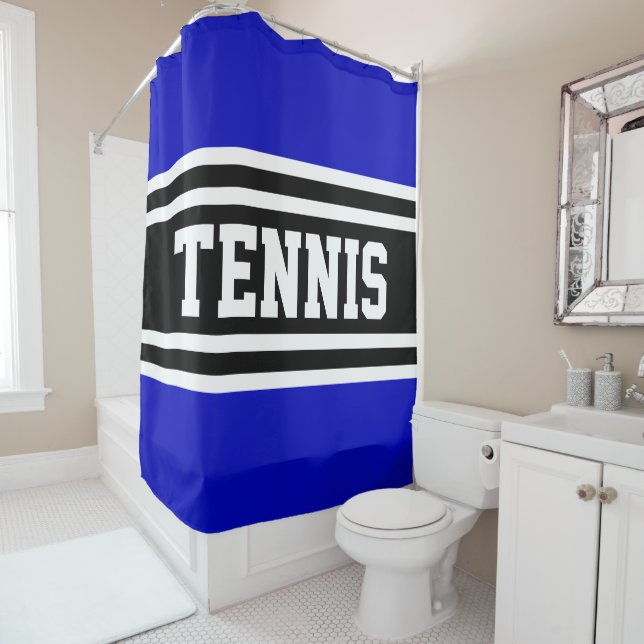 TENNIS Fun Royal Blue Black White Racing Stripes Shower Curtain (In Situ)