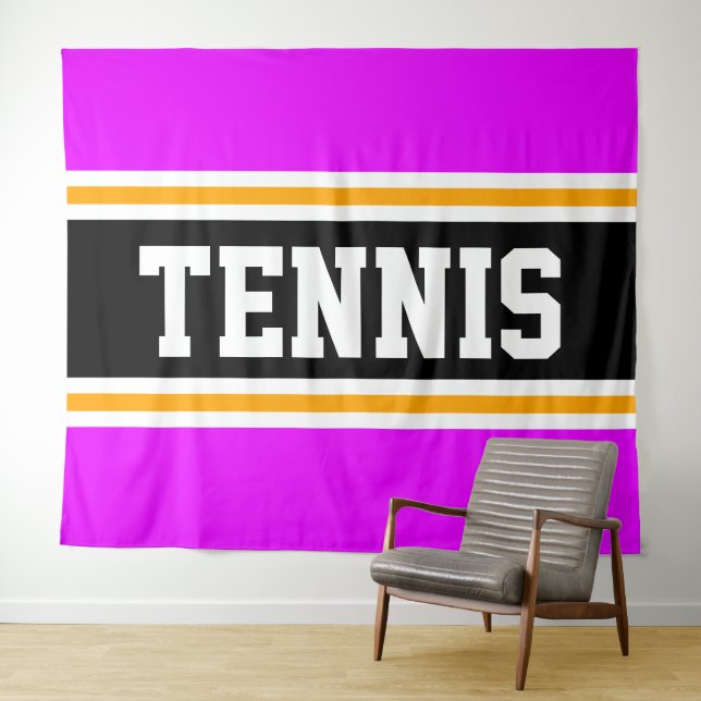 TENNIS Fun Sporty Bright Pink Black Yellow Stripes Tapestry (In Situ (Horizontal))