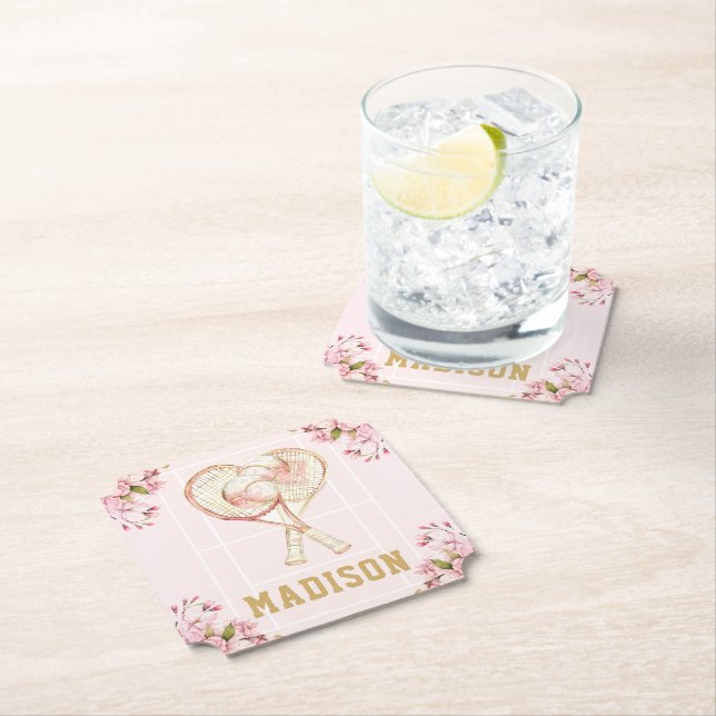 Tennis Girl Birthday Custom Watercolor Paper Coaster (Insitu)