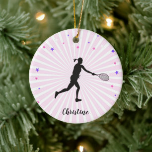 Tennis Girl Playing Sport Pink Sunset Colourful Ceramic Ornament