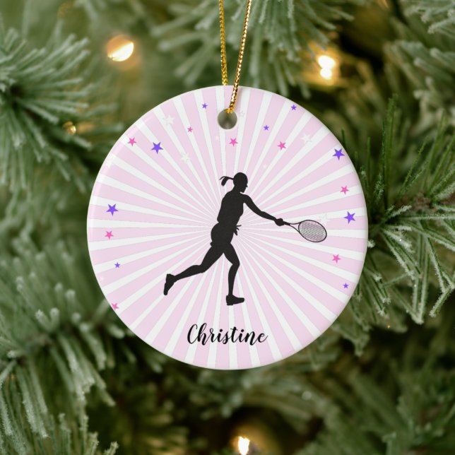 Tennis Girl Playing Sport Pink Sunset Colourful Ceramic Ornament (Tree)