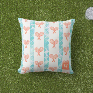Tennis Greek Key Stripe - Coral & Turquoise Cushion