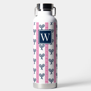 Tennis Greek Key Stripe - Hot Pink & Navy Monogram Water Bottle