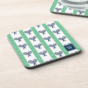 Tennis Greek Key Stripe - Navy & Green Monogram Coaster