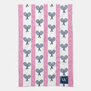 Tennis Greek Key Stripe - Navy & Hot Pink Monogram Tea Towel