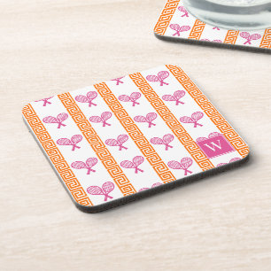 Tennis Greek Key Stripe Orange & Hot Pink Monogram Coaster
